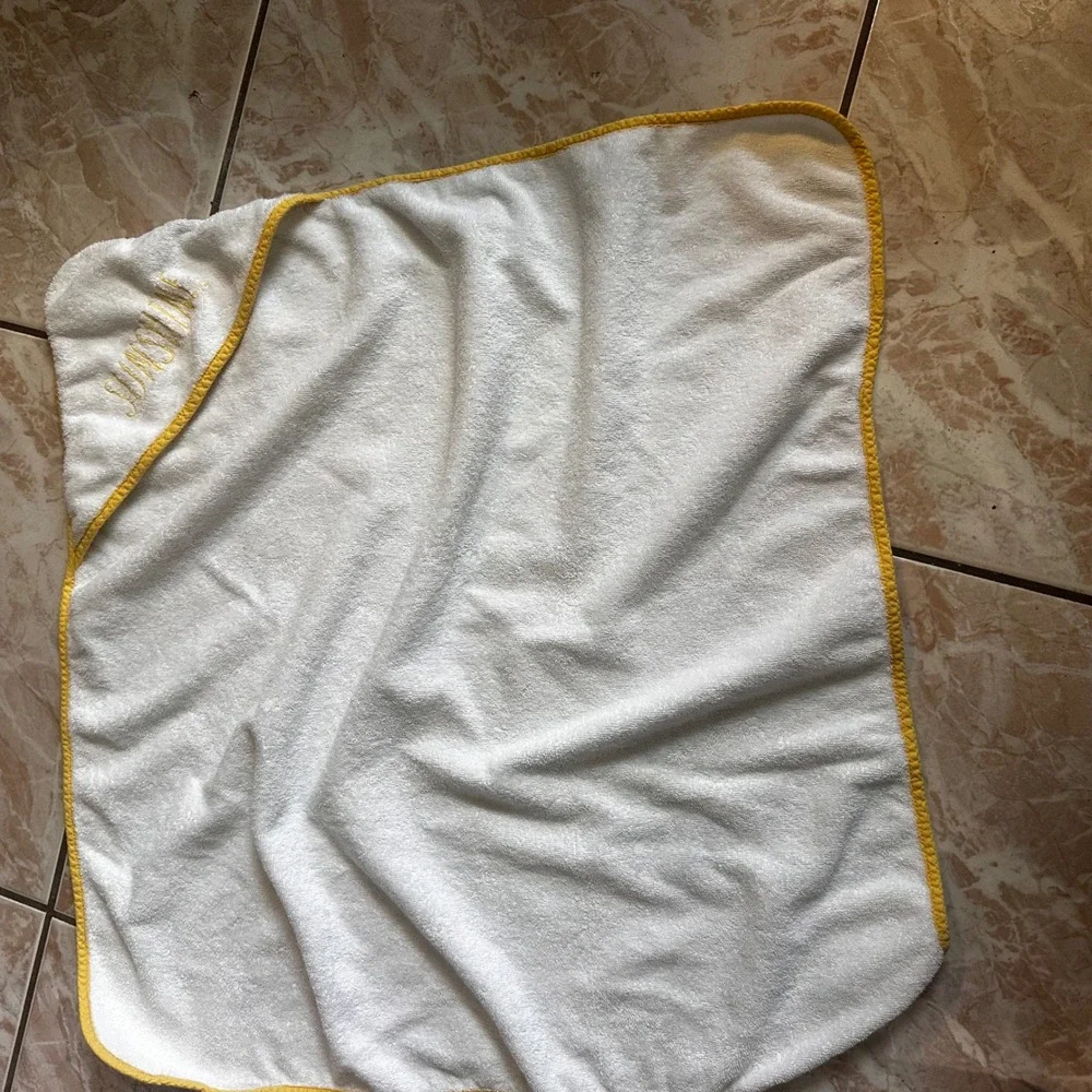Rae Dunn Sunshine Hooded Baby Towel White Yellow Trim Terry Cloth Embroidery